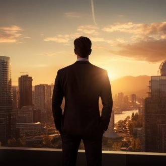 A successful businessman: A poised and confident businessman stands against a cityscape.